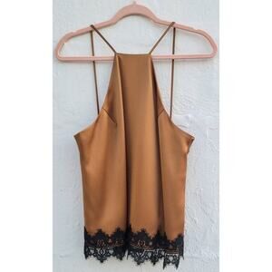 Womens Gold Satin Cami Black Lace Halter Top Size Med ABS Allen Schwartz NWT